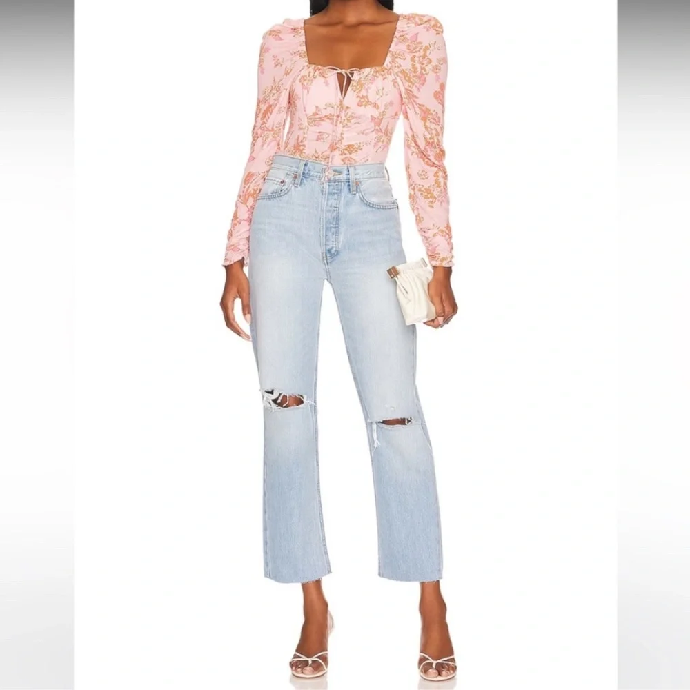 Free People Dusty Pink Floral Ruched Square-Neck Puff Sleeve Crop Top